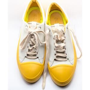 ECCO Womens Low Top Sneakers 9 White Yellow Leather Lace Up Comfort Casual READ